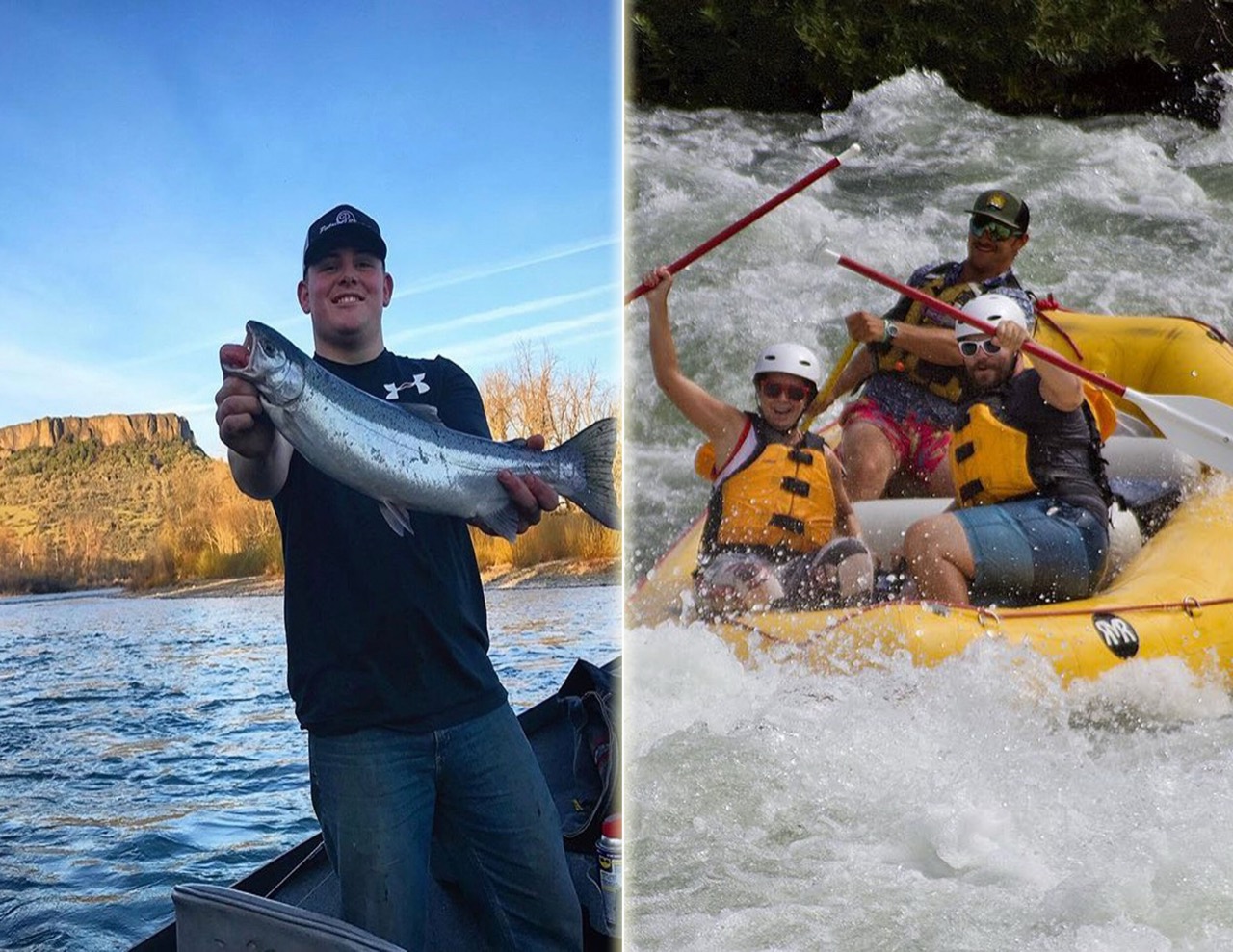 Split photo of a salmon catch and a whitewater rafting group